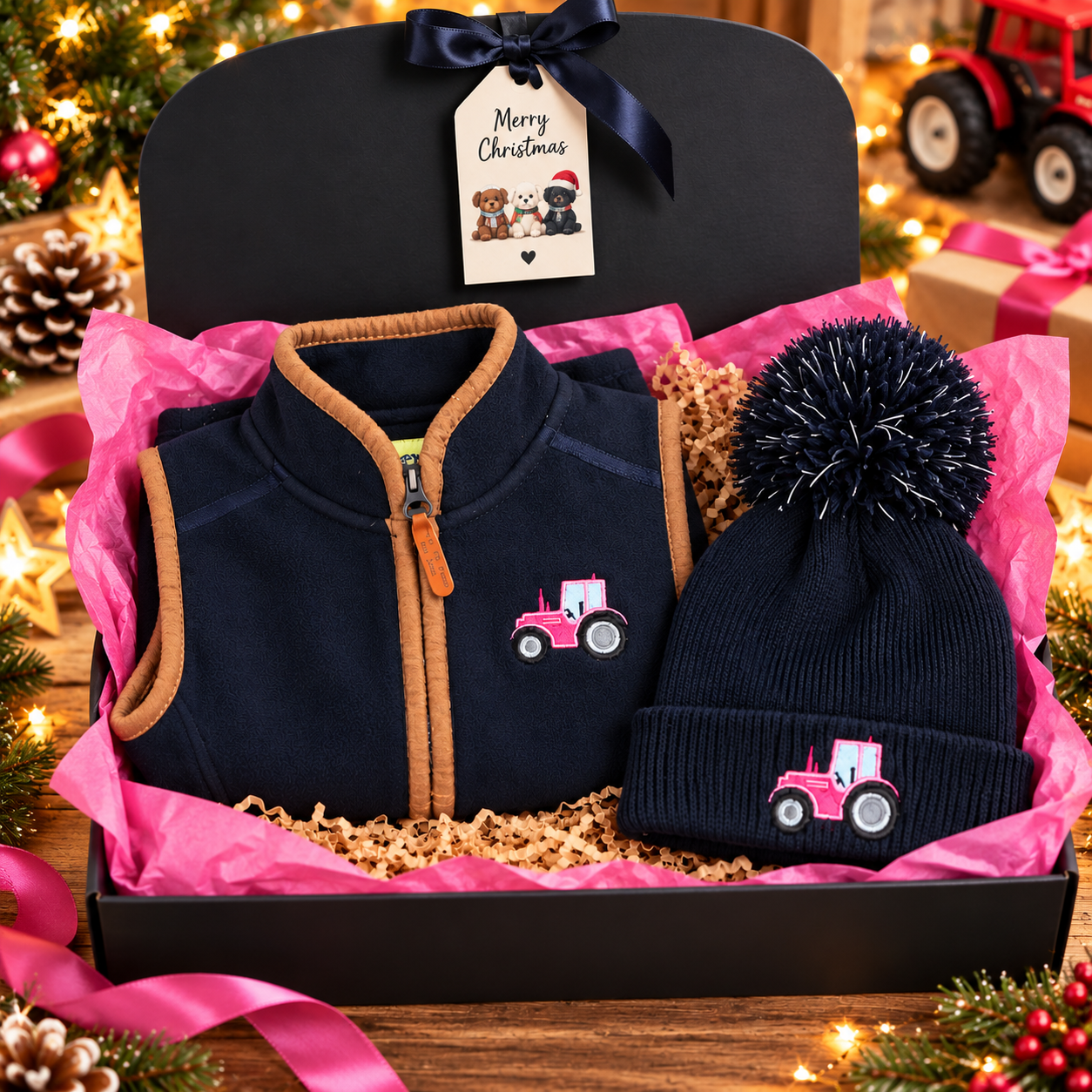Little Farmer Pink Tractor boble Hat Gift Set