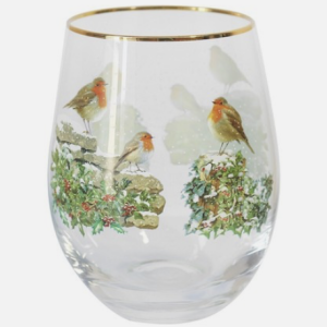 Christmas Robins Stemless Gin Glass Large Tumbler Gift Boxed